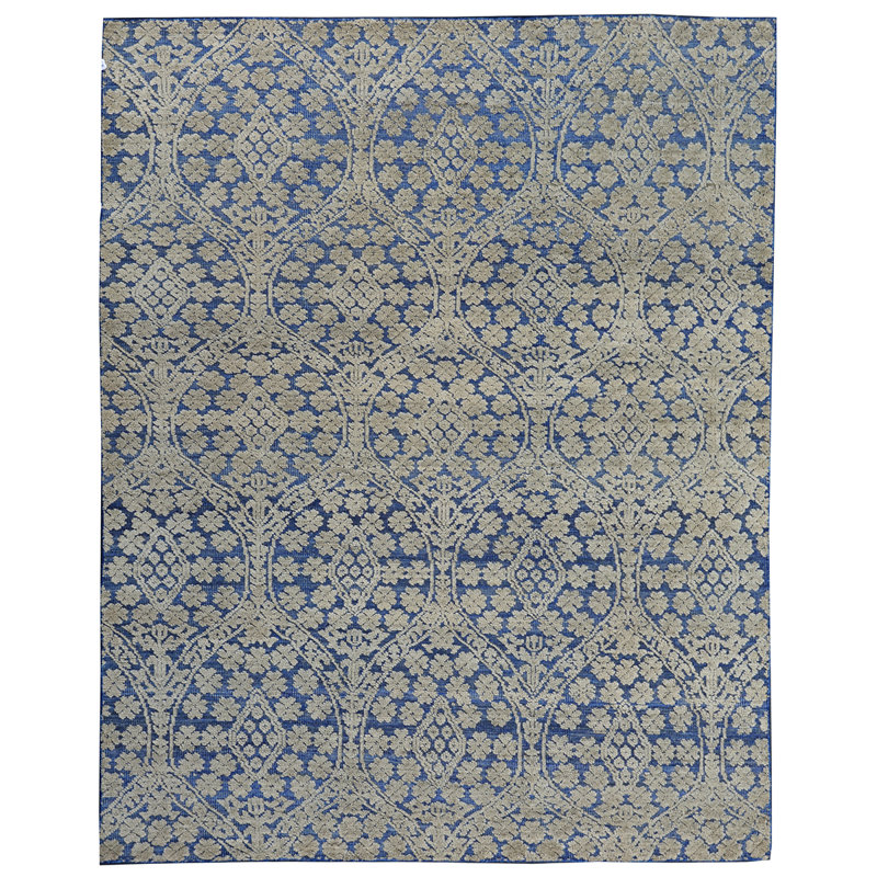 Wool Damask Area Rug in Blue, Rectangle 8' x 10'