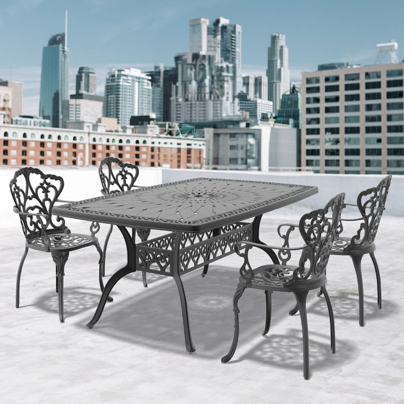 Gulielma 63.78'' L 40.16" W Rectangula Table Cast Aluminum Outdoor Dining Set with Umbrella Hole and Off-White Cushion, 6