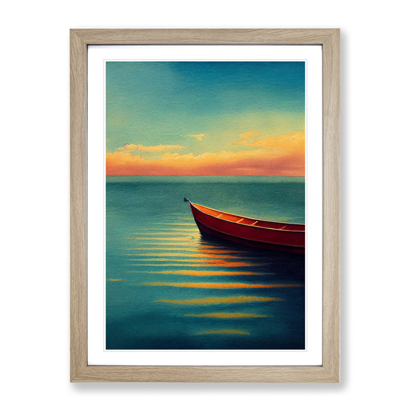 Boat by the Sunrise - Wall Art, 66cm H x 48cm W x 2cm D, Oak Framed, White