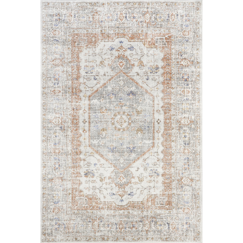 Torven Traditional Floral Power Loom Performance Silver Rug, Rectangle 5' x 7'5"