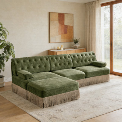 3-Seater Pet-Friendly Velvet Chesterfield Sofa With Ottoman, Button Tufted Modular Couch With Tassel Fringe Skirt, Free Combination Sectional Sofa