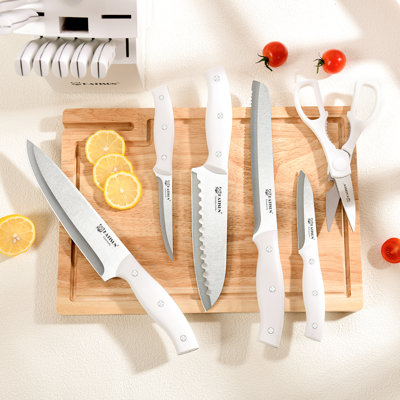 Ensemble de 15 couteaux de cuisine blancs avec pierre à aiguiser intégrée, manches ergonomiques à triple rivet, compatibles avec le lave-vaisselle