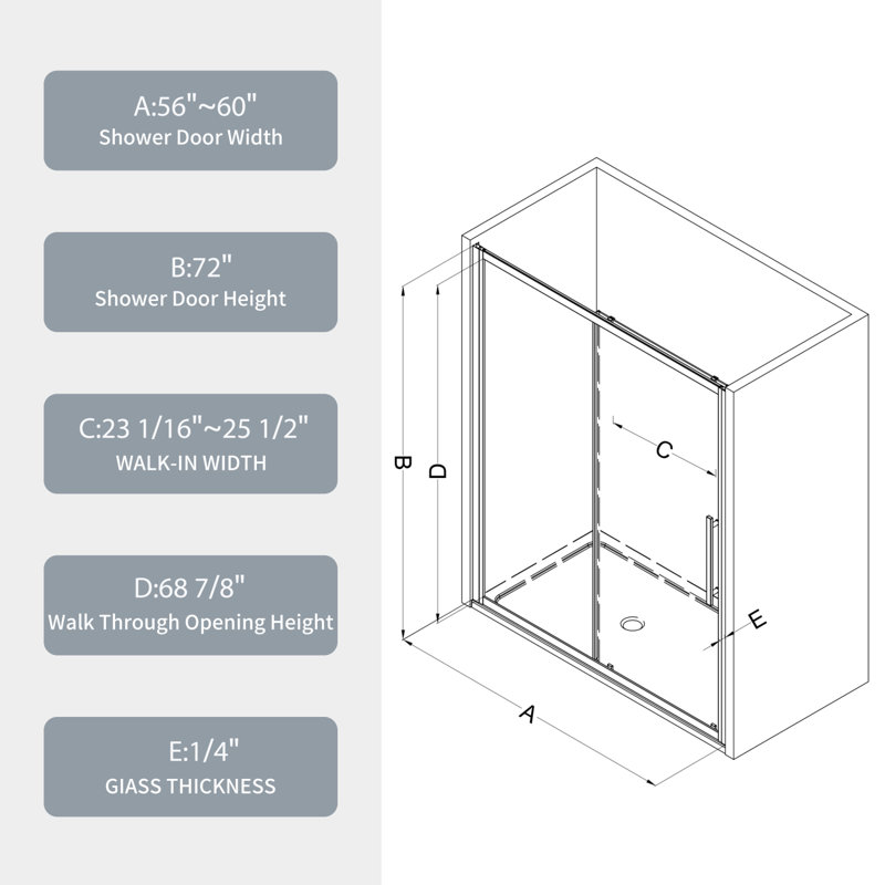 60" x 72" Chrome Tempered Glass Sliding Shower Door