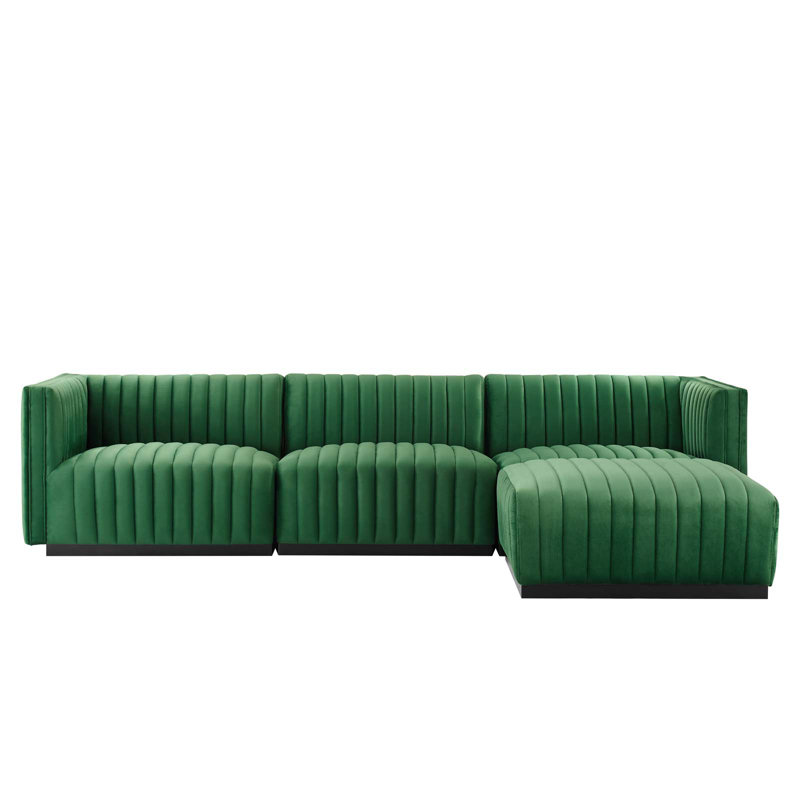 Emerald Velvet Tufted 4-Piece Sectional with Ottoman in Black
