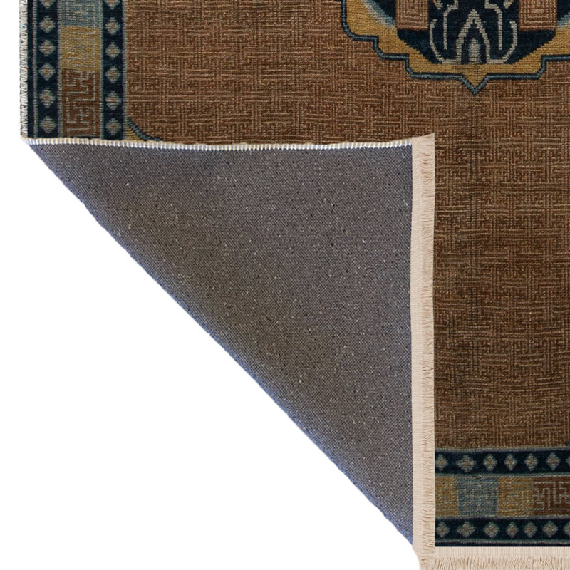Tapis décoratif rétro à motif traditionnel brun et bleu, Tapis de couloir 3 pi 9,81 po x 9 pi 10,11 po