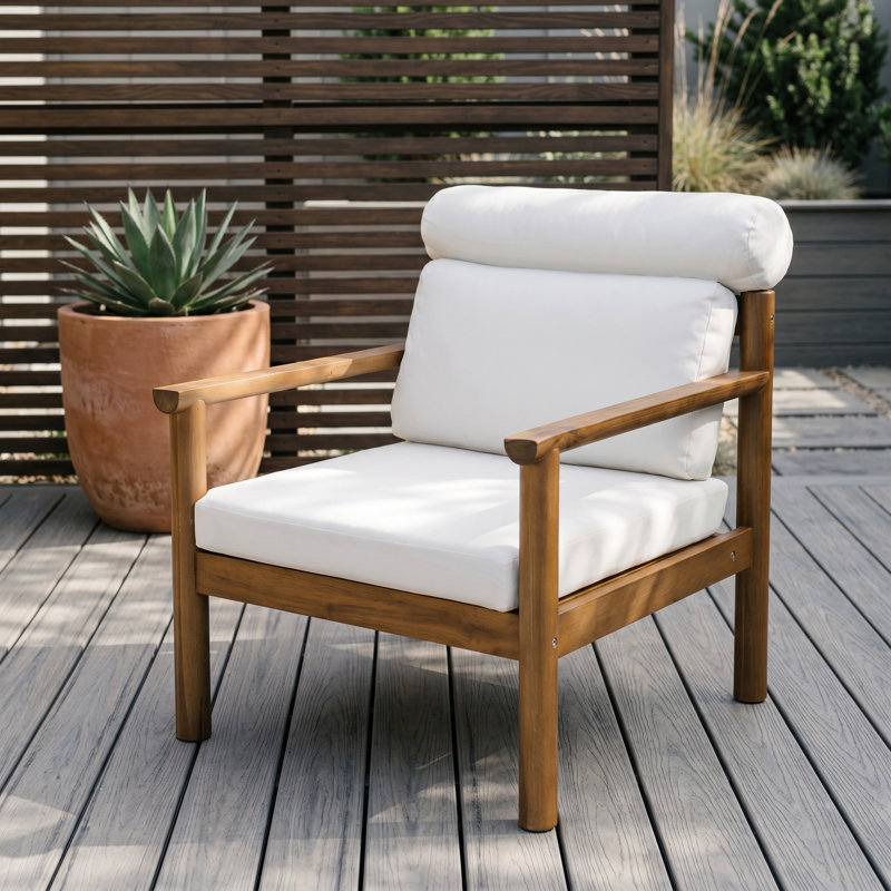 Chaise de patio moderne en bois 28 po Mid-Century, chaise longue à assise profonde résistante aux intempéries avec traversin et coussins épais, chaise d'appoint avec cadre en bois massif pour la cour, la piscine et la terrasse | Chaise de patio en bois moderne de 28 po Résistant D