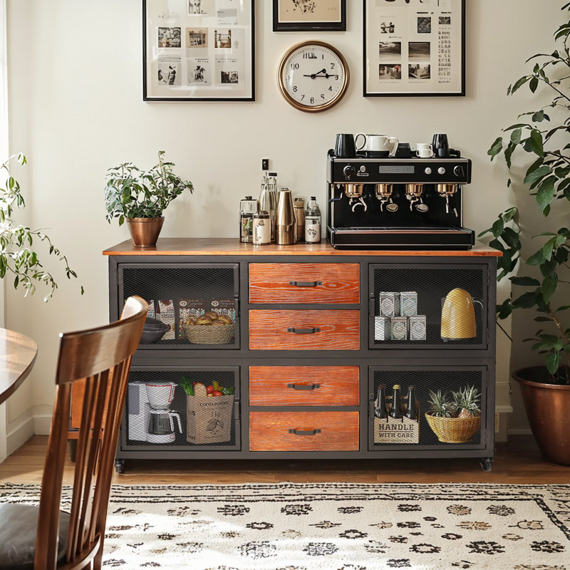 Industrial Style Storage Cabinet With Casters Kitchen Storage Cabinet For Home Against The Wall, Noir / Rouge