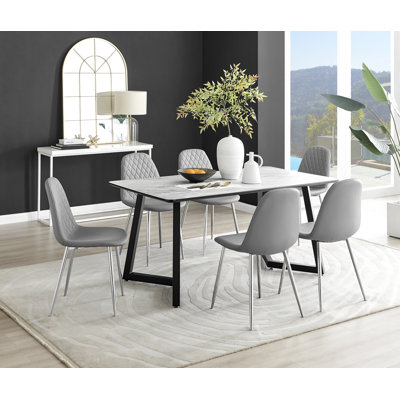 White Marble Effect Melamine Dining Table Black Legs & 6 Luxury Faux Leather Chairs Modern Design