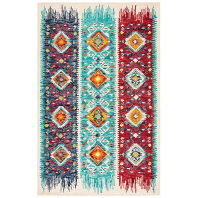 Hand Tufted Wool/Cotton Southwestern Rug in Light Blue/Red