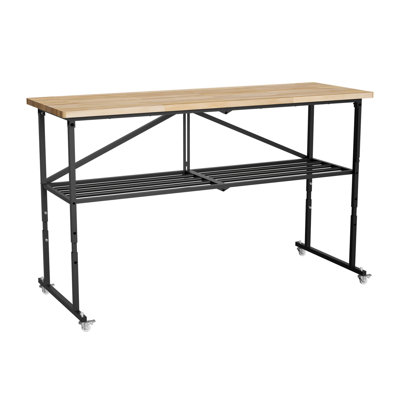 Heavy-Duty Folding Butcher-Block Workbench- Portable Wood-Top Utility Table W/ Locking Casters & Quick-Collapse Steel Frame