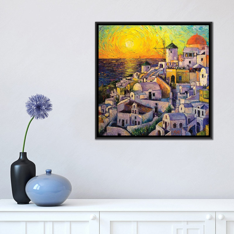 « coucher de soleil dans santorini », reproduction sur toile, H 18 po x l 18 po x P 1,5 po, Toile avec cadre noir