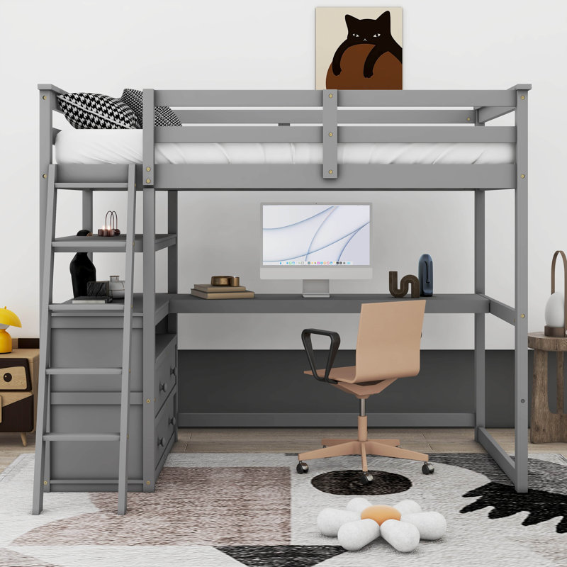 Evo 2 Drawer Loft Bed with Built-in Desk and Shelves, Gray, Twin