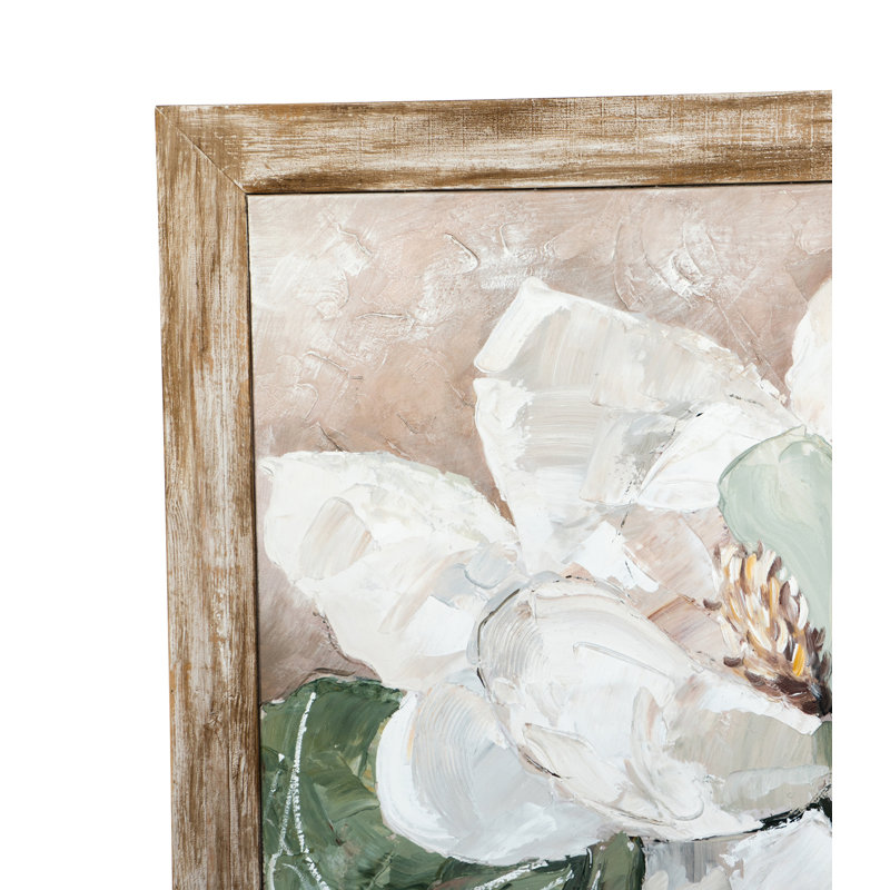 39,5 x 39,5 x 1,2 po, art de magnolia blanc peint à la main avec cadre en bois de sapin rustique