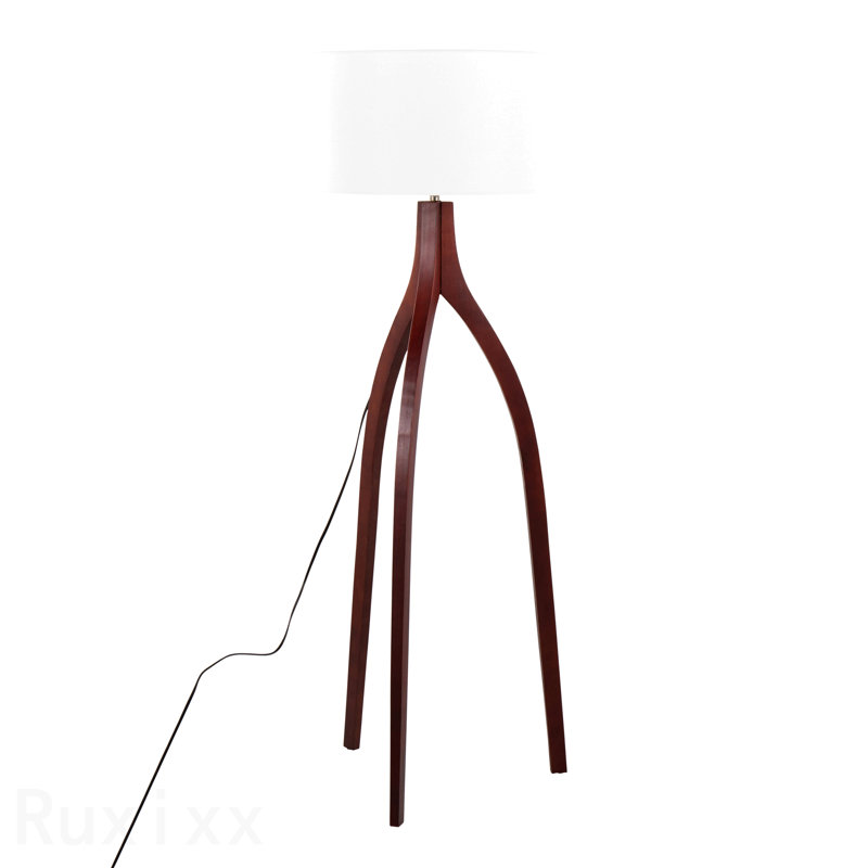 Lampe sur pied contemporaine en bois de noyer avec un abat-jour en tissu blanc par Lumisource