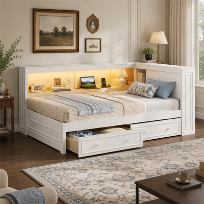 Full Size Wood Daybed With Storage Shelves, USB, LED, And 2 Drawers