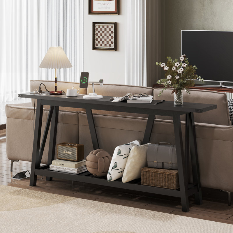 70.9'' Console Table with Built-in Power Outlet, Black