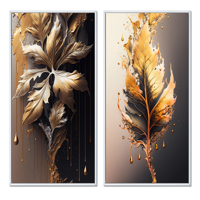 «Gold Abstract Leaves», 2 pièces sur toile, Cadre blanc, H 40 po x l 40 po