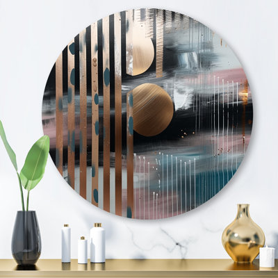 Metallic Stripes And Circles I - Abstract Marble Round Wall Art on Metal