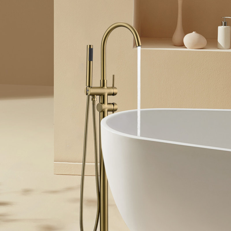 Brushed Gold Double Handle Floor Mount Tub Filler