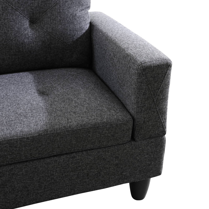 Black Grey Sackcloth Fabric L style Left Hand Facing Living Room Sofa Set, with ottoman, Left Hand Facing