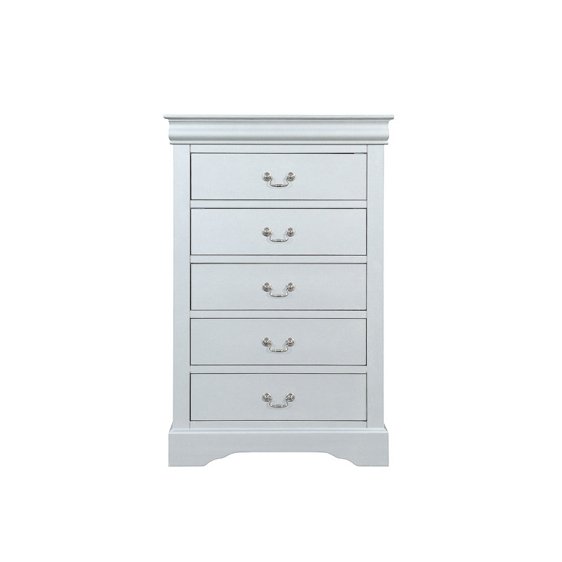 Commode 5 tiroirs avec poignées en métal, Argent argent