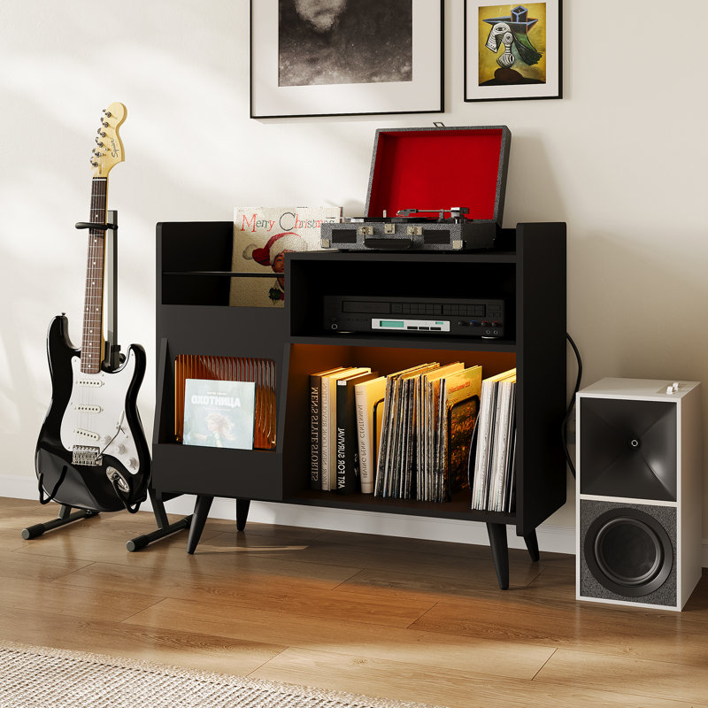 Large Record Player Stand with LED Light & Charging Station, Turntable Stand Holds Up to 350 Albums, Vinyl Storage Cabinet Record Player Table for Living Room