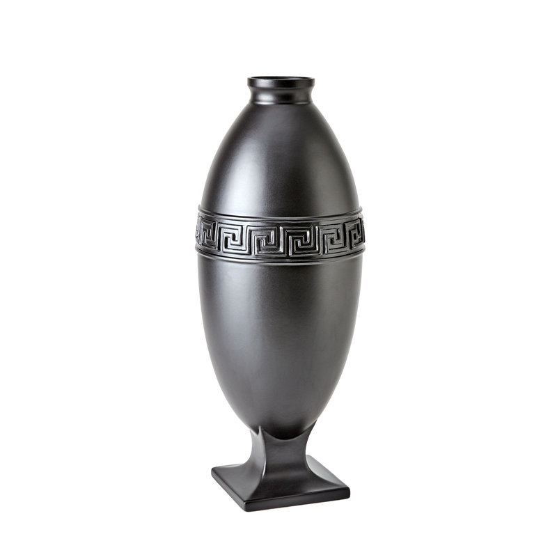 Greek Key Handmade Ceramic Table Vase, 22.5" H x 8.5" W x 8.5" D, Black