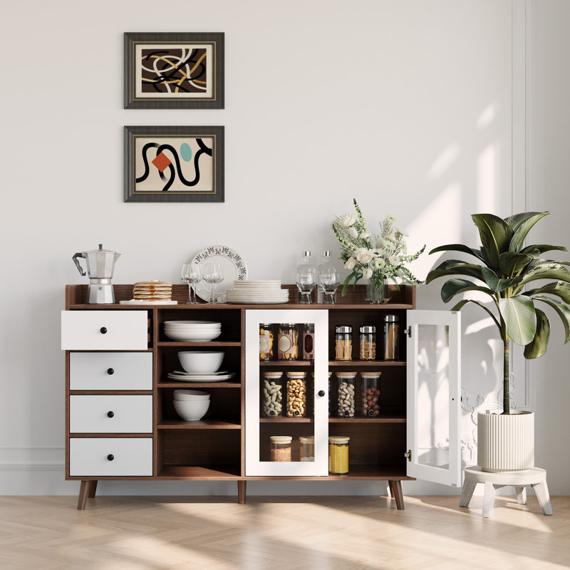 55-Inch Sideboard Buffet Cabinet with Adjustable Shelves, Drawers, and Glass Doors, Brown/White