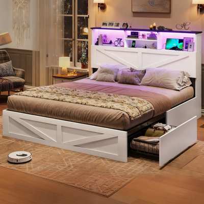 Farmhouse Bed Frame with LED Headboard & 4 Storage Drawers - Wooden Platform Bed, Bookcase Storage, No Box Spring Needed by Wrought Studio