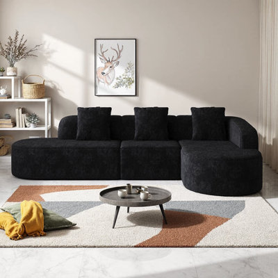 111.8" L-Shaped Curved Modular Sofa | Modern Lychee-Textured Long-Pile Polyester Fabric | Curved Backrest with 3 Pillows | No-Assembly Cloud-Like Sectional for Living Room or Apartment