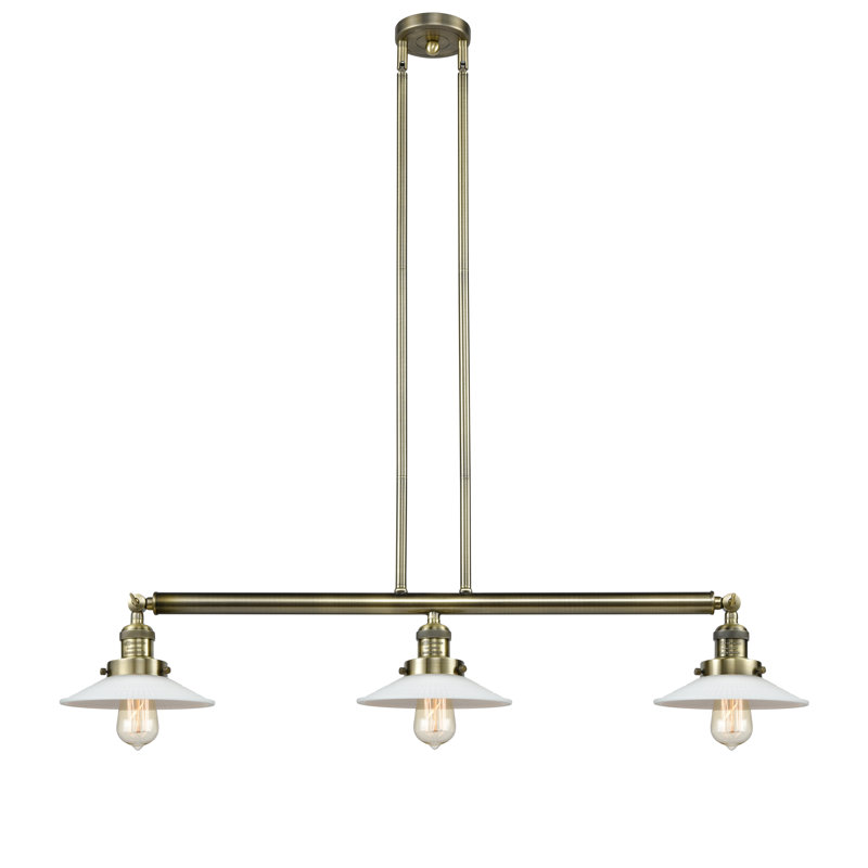Luminaire suspendu linéaire à 3 lumières pour îlot de cuisine Miramontes, Matte White Halophane, Cuivre antique, DEL