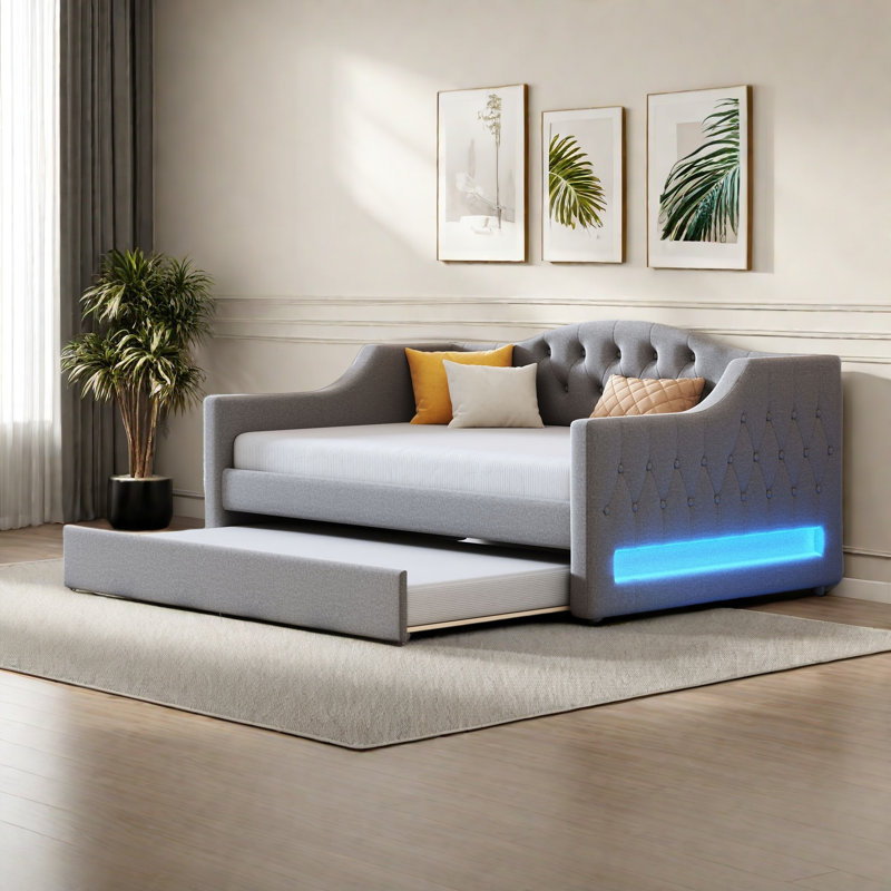 Modern Upholstered Daybed With Led Belt, Trundle And Button Tufted Design, Gray