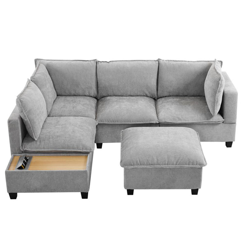 Upholstered Sectional With Coffee Table And Ottoman, Grey Chenille