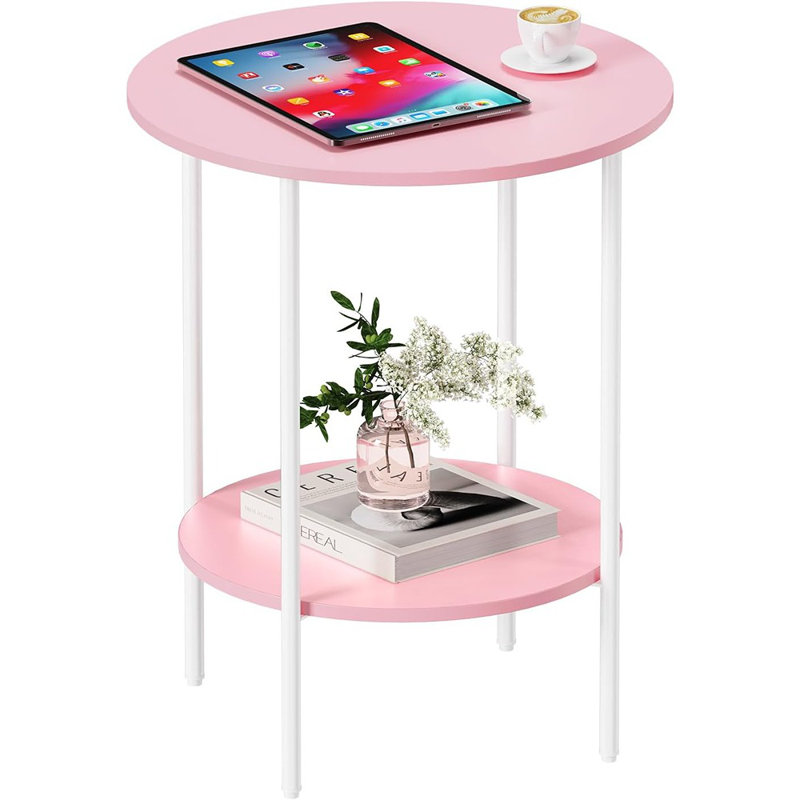 Table d'appoint ronde compacte - Table d'appoint étroite avec deux tablettes pour les petits espaces (rose)