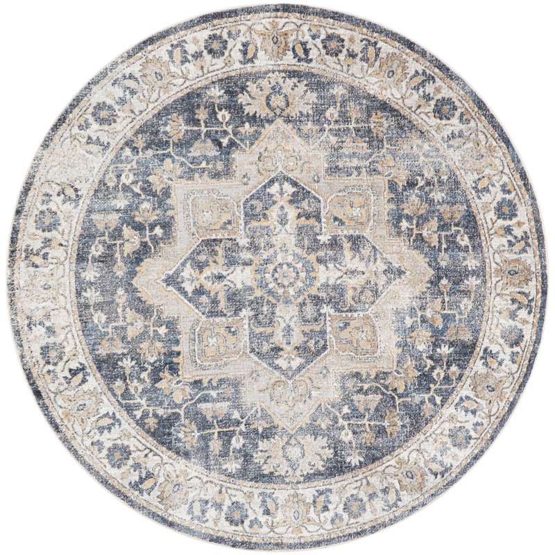 Tileah 7'10" x Round Grey Blue Vintage Indoor Rug, Round 7'10"