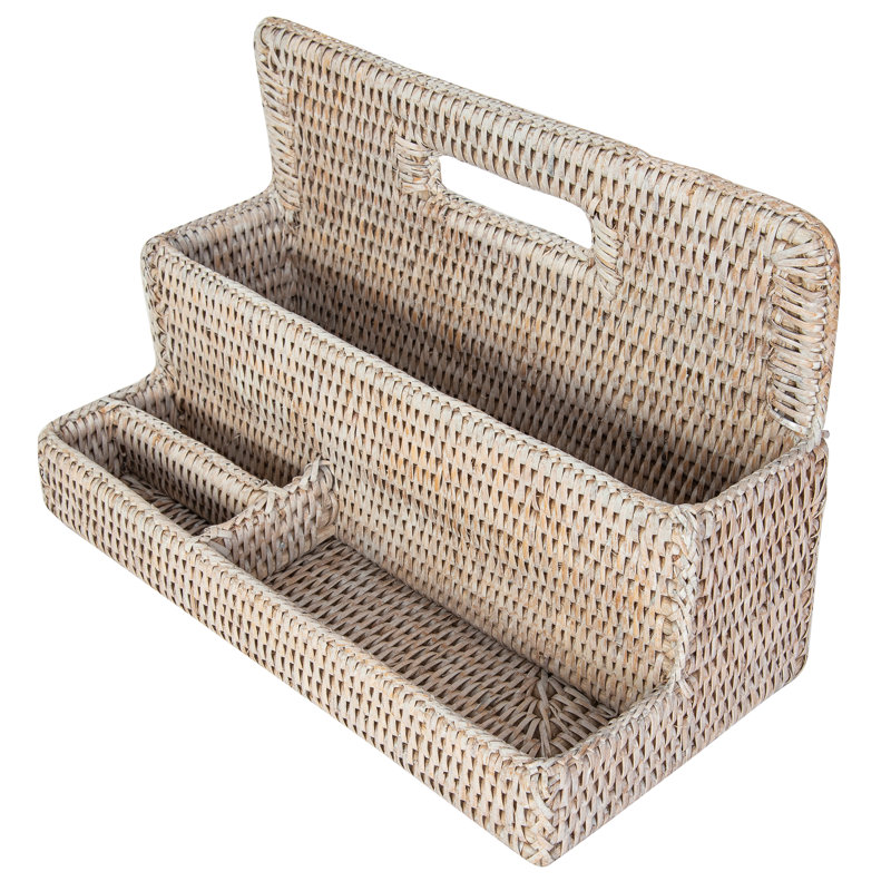 Handwoven White Wash Rattan Stationery Sorter with Handle