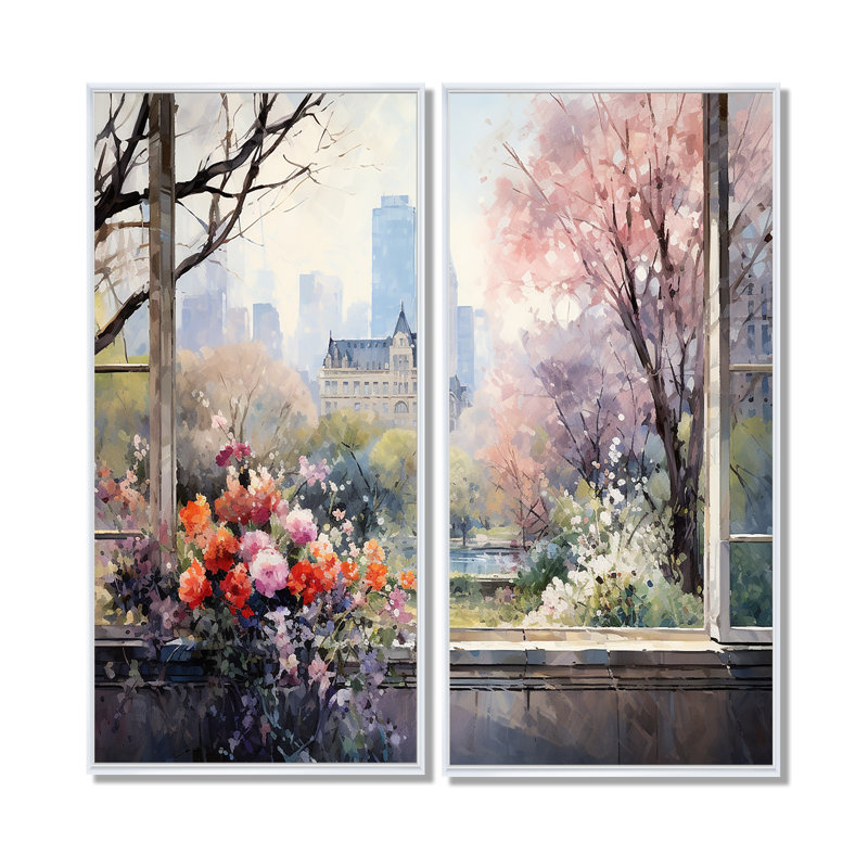 New York Central Park Window Views II - impressions sur toile industrielles colorées 2 pièces, 32" H x 32" W, White