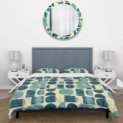 Ensemble de housse de couette ivoire bleu Midcentury Shapes IV - Midcentury