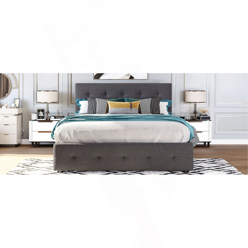 Lit plateforme tapissier avec 2 tiroirs et 1 lit simple TG, tissu en lin