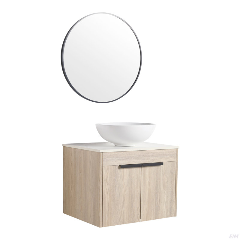 Ensemble de meuble-lavabo moderne 24 po avec lavabo en céramique, meuble-lavabo mural en chêne blanc avec porte à fermeture en douceur, emballage KD