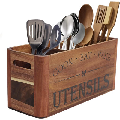 Utensil Holder For Kitchen Countertop - Extra Large 4 Compartment Wooden Organizer In Acacia Wood, Storage For Cooking Tools And Cutlery, Farmhouse Style For Home Cooking