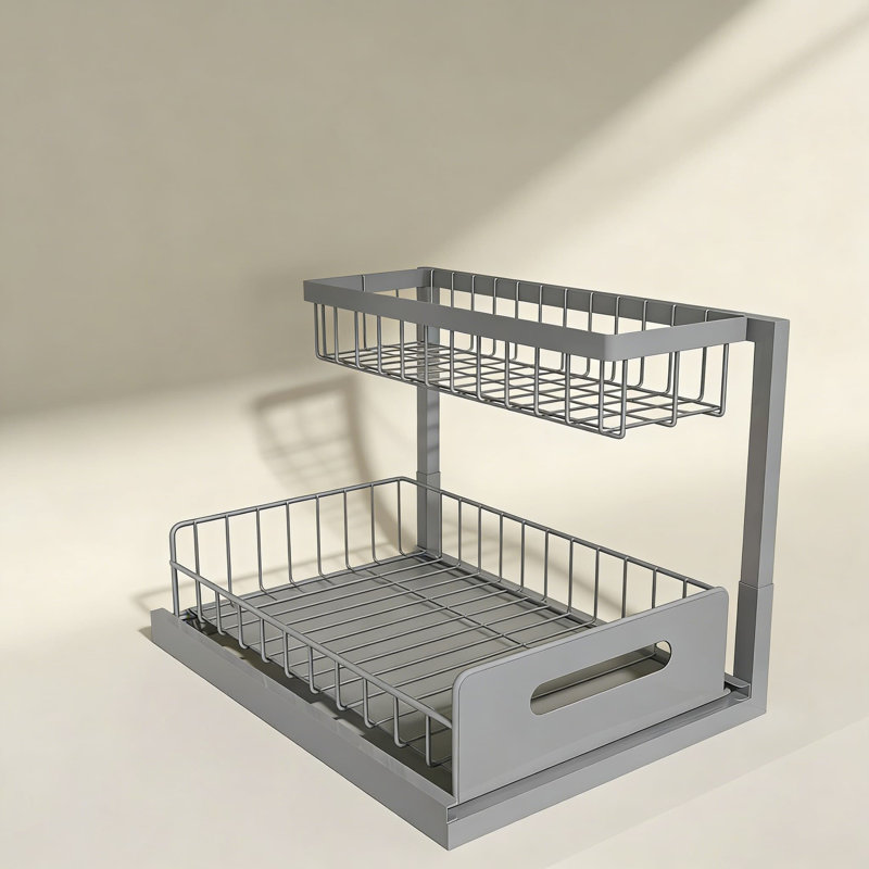 Armoire coulissante sous l'évier, tablette coulissante à 2 niveaux avec rangement en forme de L pour le rangement de la cuisine et de la salle de bain, installation facile sans outils