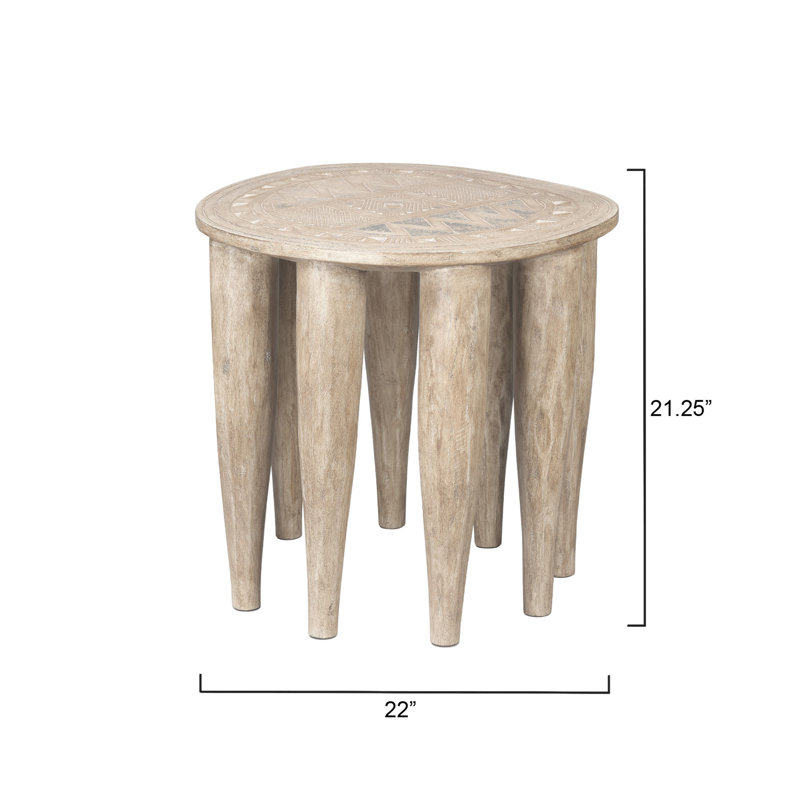 Natural Mango Wood Hand-Carved Side Table with Etched Top