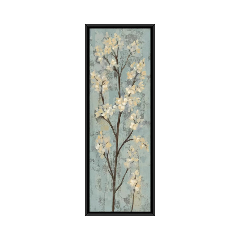 «Almond Branch I: On Light Blue» par Silvia Vassileva, impression sur toile tendue, H 48 po x l 16 po x P 1,5 po, Cadre noir