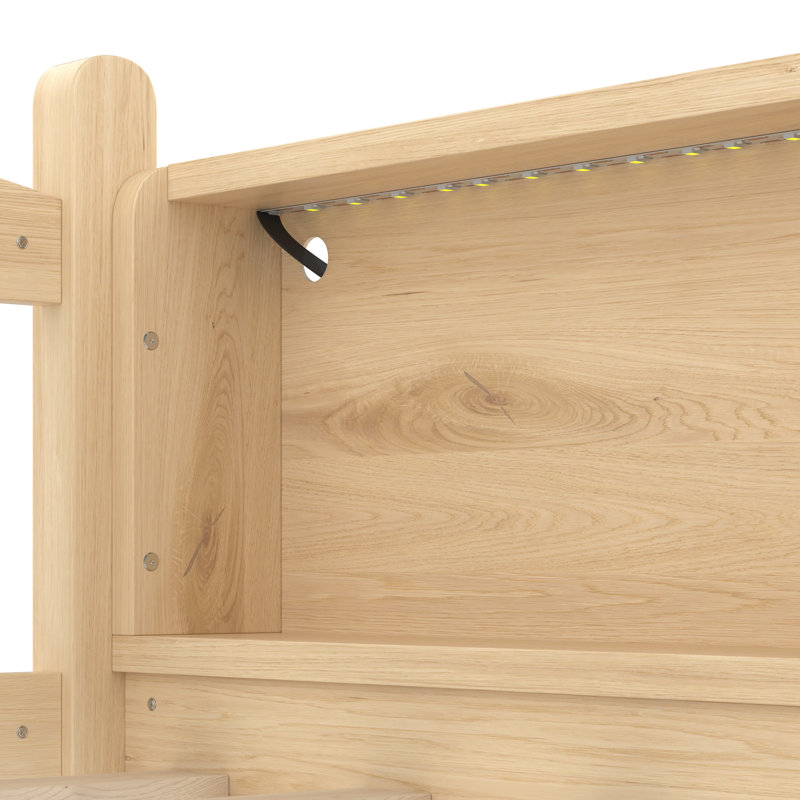 Lit mezzanine bas, lit mezzanine en bois avec lumière DEL, glissade et garde-corps complet, lit mezzanine pour enfants en bois massif avec escalier et tablettes de rangement, lit coulissant en bois pour salle de jeux pour enfants, aucun sommier nécessaire