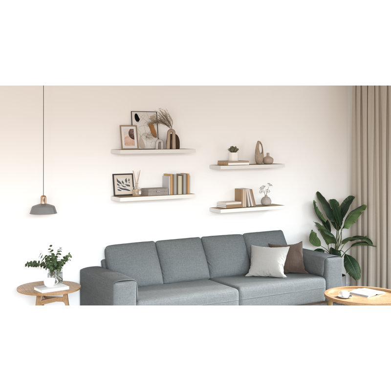 Wall Shelf  Wall Mounted Display Shelf for Photo Frame Set of 4, Oak and White, 1.5" H x 31.5" W x 9.3" D