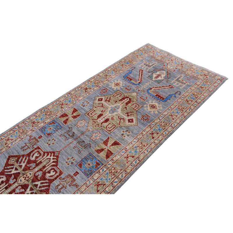 Hand Knotted Wool Area Rug in Silver And Sea Green