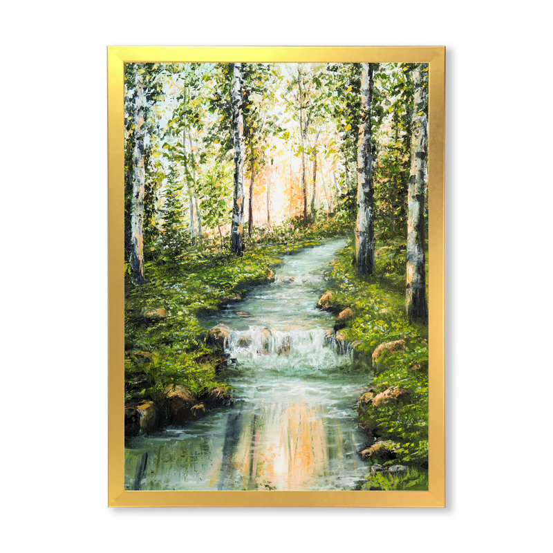 Rivière à travers forêt de bouleaux - cadre flottant, peinture sur toile, Toile encadrée d'or, H 32 po x l 24 po x P 1 po
