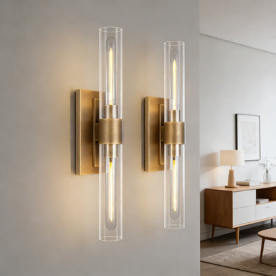 Ensemble de deux appliques murales en laiton à deux lumières tubulaires pour salle de bain, chambre à coucher, meuble-lavabo et couloir avec abat-jour en verre transparent