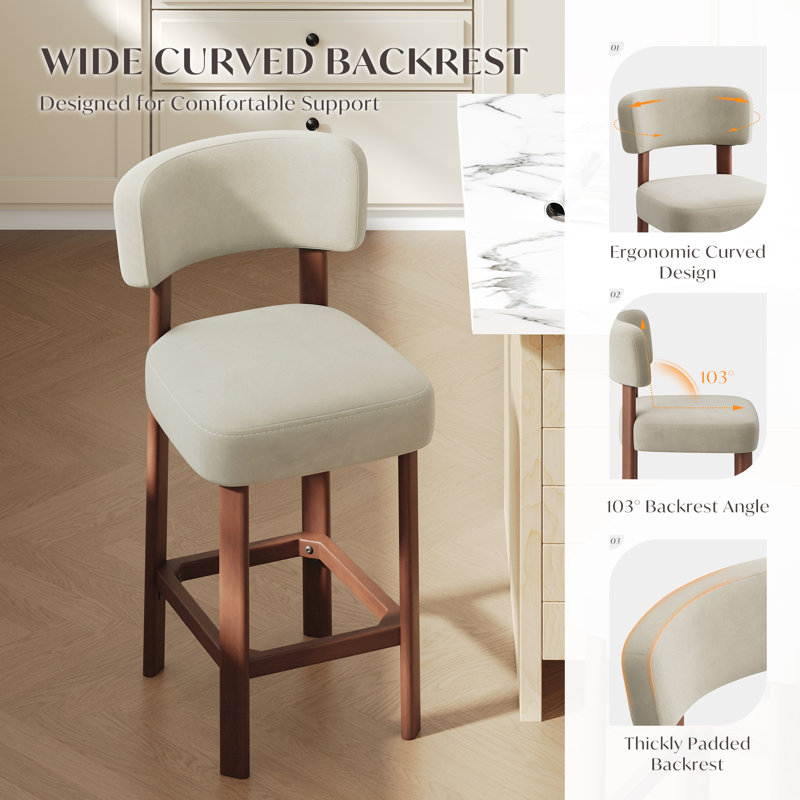 Upholstered Bar Stool with Solid Wood Frame, Camel